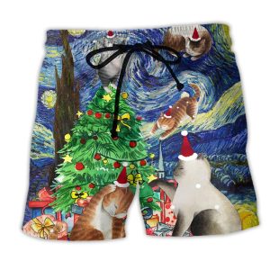 Christmas Cat Playing In Starry Night Trendy KLA Hawaiian Beach Shorts
