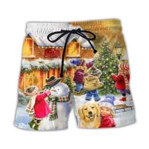 Christmas Children And Animals Love Christmas In The Town Art Style Trendy KLA Hawaiian Beach Shorts