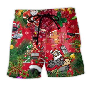 Christmas Come On Play Hockey With Santa Claus And Reindeer Trendy KLA Hawaiian Beach Shorts