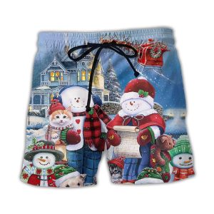 Christmas Family  In Love Snowman So Happy Xmas Art Style Trendy KLA Hawaiian Beach Shorts