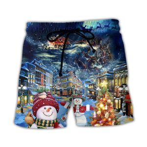 Christmas Family Snowman Santa Claus In Love Light Art Style Trendy KLA Hawaiian Beach Shorts