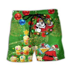 Christmas Funny Santa Claus Drinking Beer Happy Christmas Tree Green Light Trendy KLA Hawaiian Beach Shorts