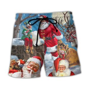 Christmas Funny Santa Claus Elf Xmas Is Coming Blue Sky Art Style Trendy KLA Hawaiian Beach Shorts
