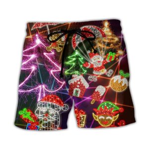 Christmas Funny Santa Claus Tree Elf Gingerbread Neon Light Style Trendy KLA Hawaiian Beach Shorts