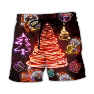 Christmas Funny Santa Claus Tree Red Neon Light Style Trendy KLA Hawaiian Beach Shorts