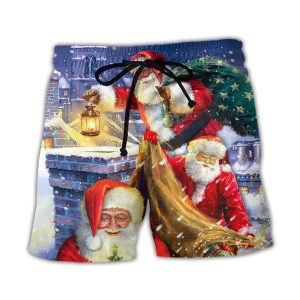 Christmas Funny Santa Claus Up On Rooftop Art Style Trendy KLA Hawaiian Beach Shorts
