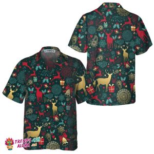 Christmas Golden Deer Pattern Hawaiian Shirt, Christmas Reindeer Shirt, Best Xmas Gift Idea