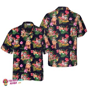 Christmas Hawaiian Shirt, Santa With Tropical Flower Pattern Shirt Short Sleeve, Christmas Shirt Idea Gift For Men And Women