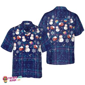 Christmas Hawaiian Shirts, Christmas Snowman Dark Blue Plaid Pattern Shirt Short Sleeve, Christmas Shirt Idea Gift For Men And Women