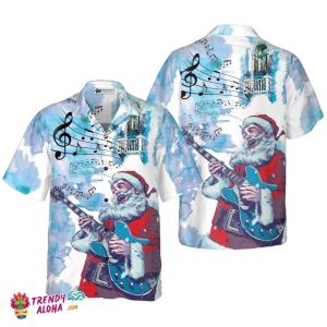 Christmas Hawaiian Shirts, Chritmas Santa Guitar Music Pattern Shirt Short Sleeve, Christmas Shirt Idea Gift For Men And Women