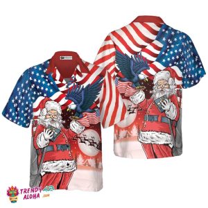 Christmas Hawaiian Shirts, Eagle Perched On Santa’s Hand With American Flag Background Shirt Short Sleeve, Christmas Shirt Idea Gift For Men And Women