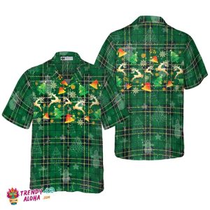 Christmas Hawaiian Shirts For Men And Women, Christmas Reindeer Green Plaid Pattern Hawaiian Shirt Button Down Shirt Short Sleeve
