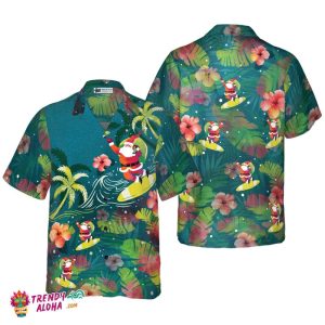Christmas Hawaiian Shirts For Men And Women, Santa Surfing Tropical Hawaiian Shirt Button Down Shirt Short Sleeve