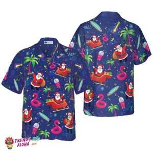 Christmas Hawaiian Shirts, Santa Flamingo Tropical Pattern Shirt Short Sleeve, Christmas Shirt Idea Gift For Men And Women