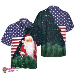 Christmas Hawaiian Shirts, Santa Usa Flag Pattern Shirt Short Sleeve, Christmas Shirt Idea Gift For Men And Women