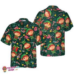 Christmas Hawaiian Shirts, The Christmas Elf With Dark Green Pattern Shirt Short Sleeve, Christmas Shirt Idea Gift For Men And Women