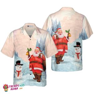 Christmas Hawaiian Shirts,Santa With Snowman Shirt Short Sleeve, Christmas Shirt Idea Gift For Men And Women