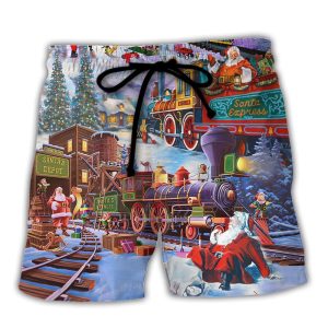 Christmas Holiday Santa Claus In A Train Trendy KLA Hawaiian Beach Shorts