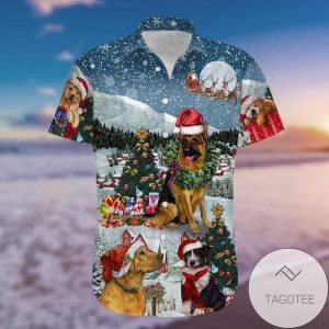 Christmas Joy With Adorable Dogs Under Snowy Hawaiian Shirt