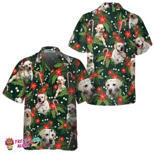 Christmas Labrador Retriever With Poinsettia Flower Hawaiian Shirt, Funny Labrador Shirt For Men & Women