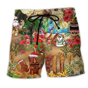 Christmas Mele Kalikimaka From Hawaii Tiki Trendy KLA Hawaiian Beach Shorts