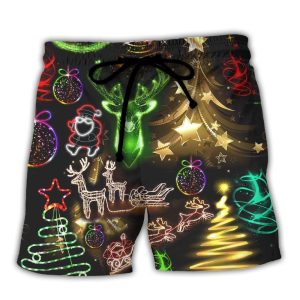 Christmas Neon Art Christmas Tree And Snowman Trendy KLA Hawaiian Beach Shorts