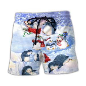 Christmas Penguin Family In Love Christmas Art Style Trendy KLA Hawaiian Beach Shorts