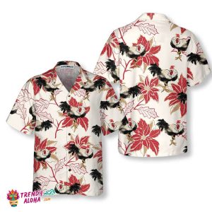 Christmas Rooster And Poinsettia Hawaiian Shirt, Unique Chicken Shirt For Men & Women, Best Christmas Gift