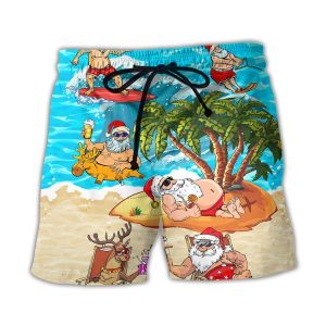 Christmas Santa Claus Chilling On The Beach Mele Kalikimaka Funny Trendy KLA Hawaiian Beach Shorts
