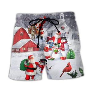 Christmas Santa Claus With Snowman Family In The Town Art Style Trendy KLA Hawaiian Beach Shorts