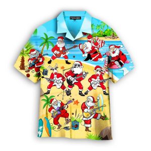 Christmas Santa Playing Guitar On Beach Trendy Hawaiian Shirt For