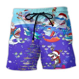 Christmas Santa Shark Sits On Rockets And Brings Gifts To Ocean Trendy KLA Hawaiian Beach Shorts
