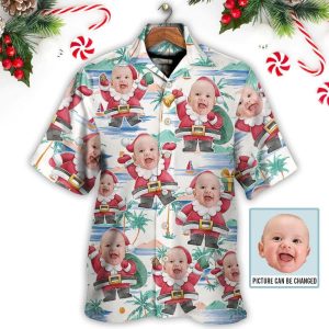 Christmas Santa Summer Beach Custom Photo Hawaiian Shirt