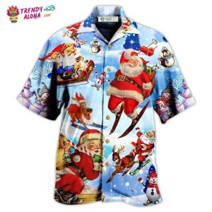 Christmas Skiing Santa Claus In Blue Hawaiian Shirt – Trendy KLA