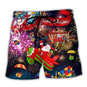Christmas Spreading Plane With Santa Claus Trendy KLA Hawaiian Beach Shorts