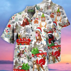 Christmas Themed Hawaiian Shirt with Pit Bulls