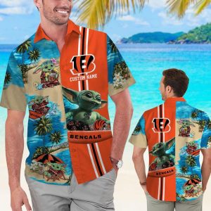 Cincinnati Bengals Baby Yoda Name Personalized Short Sleeve Button Up Tropical Hawaiian Shirt