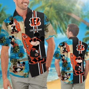 Cincinnati Bengals Mickey Name Personalized Short Sleeve Button Up Tropical Hawaiian Shirt