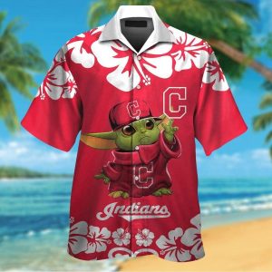 Cleveland Indians Baby Yoda Short Sleeve Button Up Tropical Hawaiian Shirt
