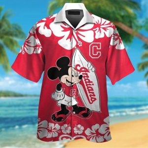 Cleveland Indians Mickey Mouse Short Sleeve Button Up Tropical Hawaiian Shirt