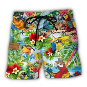 Cocktails It’s Five Oclock Somewhere Funny Parrot Trendy KLA Hawaiian Beach Shorts