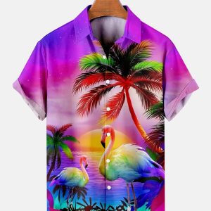 Coconuts And Flamingos Casual Loose Men’s Plus Size Short-Sleeved Trendy Hawaiian Shirt