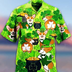 Corgis Celebrate St Patricks Day on Hawaiian Shirt