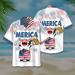 Cow And Beer 4Th Of July Trendy Hawaiian Shirt, American Flag Trendy Hawaiian Shirts For Men, Women