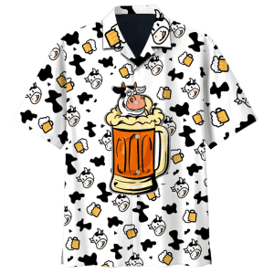 Cow And Beer Cow Skin Pattern Black And White Theme Hawaiian Shirt