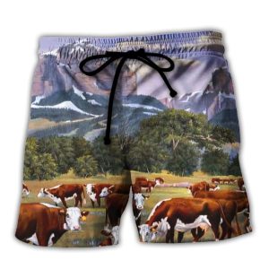 Cow Beautiful Landscape Mountain Trendy KLA Hawaiian Beach Shorts