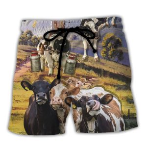Cow Dancing In The Australian Landscape Funny Art Style Trendy KLA Hawaiian Beach Shorts