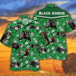 Cow Lover Trendy Hawaiian Shirts For Men Women – Black Angus Cattle Lovers Green Floral Pattern Trendy Hawaiian Shirt