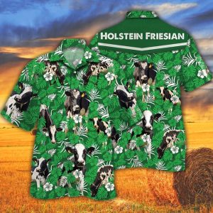 Cow Lovers Farm Cattle Mens Trendy Hawaiian Shirt Holstein Friesian Cattle Lovers Green Floral Pattern Trendy Hawaiian Shirt