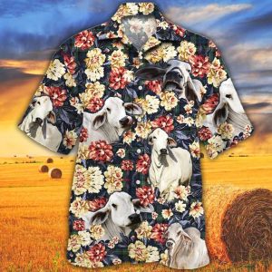 Cow Men’s Trendy Hawaiian Shirt – Vintage Farm Trendy Hawaiian Shirts, Brahman Cattle Lovers Green Plaid Pattern Trendy Hawaiian Shirt